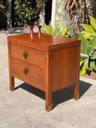 Mid Century Modern Vintage 1960s Stanley Walnut 2 Drawer Nightstand