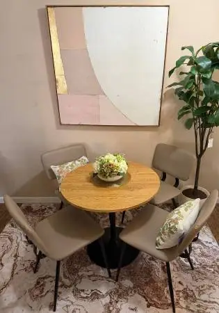 Apartment Size Table and four NEW MCM style Taupe Dining Chairs