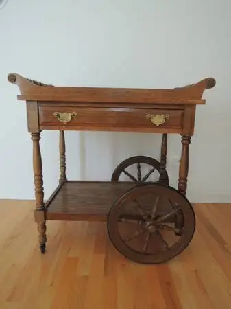Serving Cart Oak Wood Colonial Style + Shelf + Drawer on Wheels