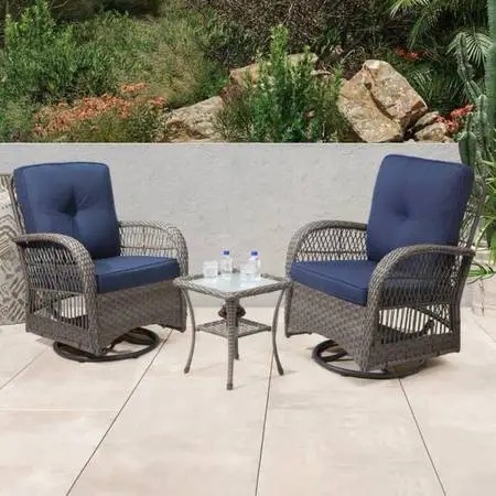 3 Piece Grey Wicker Swivel Patio Outdoor Rocking Chair with Blue Premium Fabric