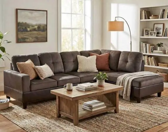 Brown microfiber sectional couch and ottoman