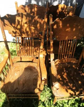 Four Vintage Pressed Back Chairs, nice