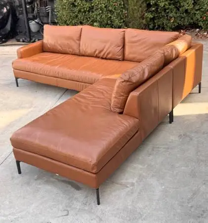 EQ3 Mid Century Modern 100% Brown Leather L-Shape Sectional Sofa Couch