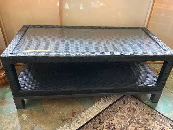 Patio table, iron base, and frame with glass top and faux wicker