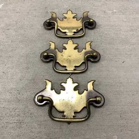 Set of (3) vintage drop bail handle fancy damask backplate drawer pull