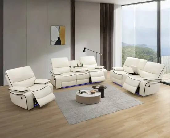 Power electric white leather fully reclining couch set