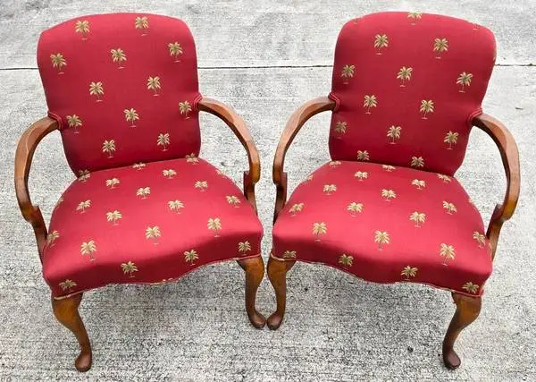 Vintage Queen Anne Gooseneck Armchairs with Palm Tree Upholstery Pair
