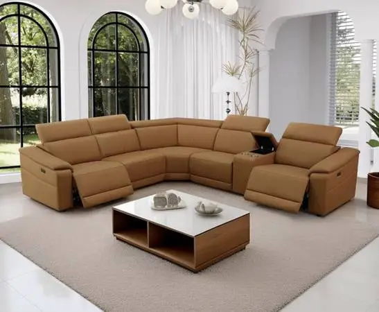Power electric brown leather fully reclining sectional couch