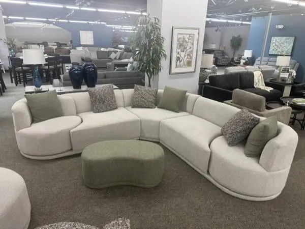 West Elm chenille sectional couch with rotating swivel chairs
