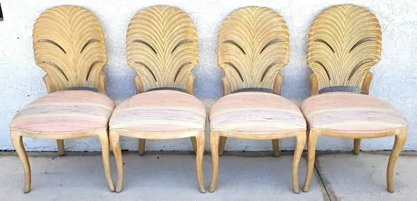 Vintage Venetian Grotto Style Carved Wood Palm Leaf Dining Chairs Set