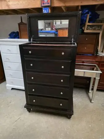 Modern Espresso 5 Drawer Tallboy Dresser with Lift Top Mirror