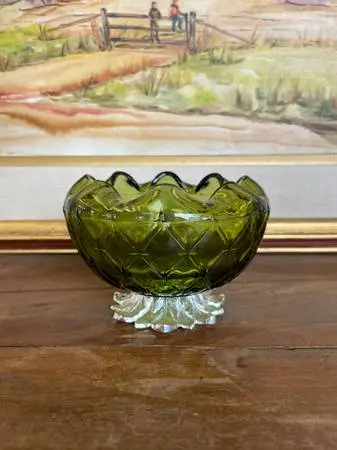 Vintage Green Pressed Glass Bowl with Scalloped Rim and Silver-Toned Floral base