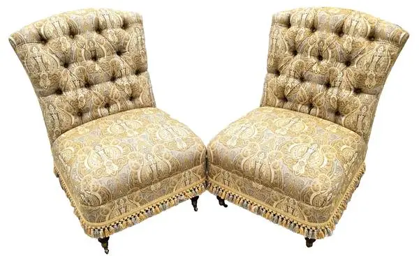 Vintage Hollywood Regency French Tufted Designer Slipper Lounge Chairs