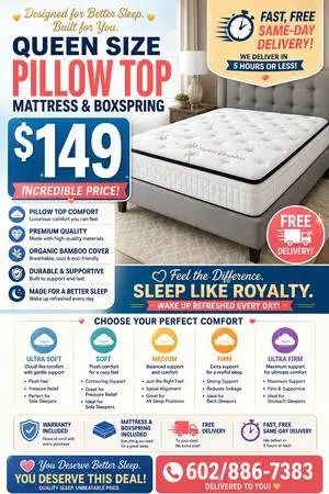 Brand New Queen Pillow Top Mattress Set $149 – Free Same Day Delivery
