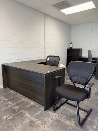 Floor Model Dark Grey L-Desk with Hanging Pedestal