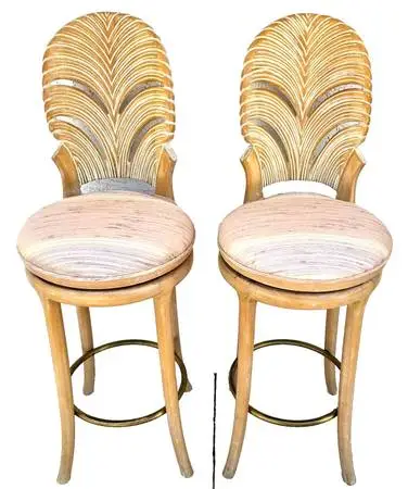 Vintage Venetian Grotto Style Carved Wood Palm Leaf Barstools Set of 2