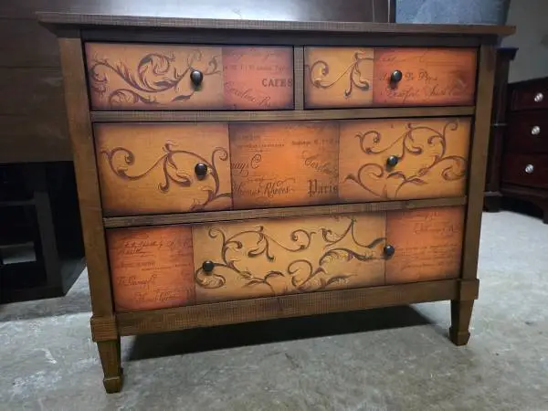 Rustic Brown Wooden 4 Drawer Accent Dresser with French Script