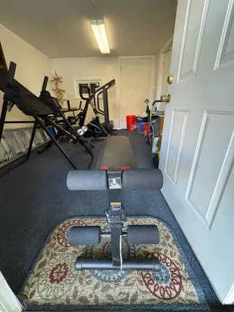 At home gym treadmill, bicycle, bench, Inversion table, Power Rider exercise mac