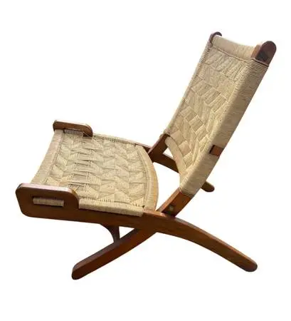 Vintage MCM Woven Rush Wood Lounge Chair Hans Wagner Style Folding