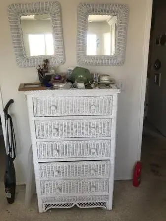 VINTAGE COASTAL BOHO WHITE WICKER AND WOOD FURNITURE