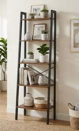 Modern Ladder Bookcase bookshelf 5-tier metal/wood Rustic Brown L22”*D12”*H6