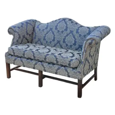 Vintage Blue Damask Camelback Settee Loveseat Petite Sofa