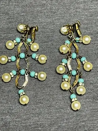 Pair of vintage Vendôme faux pearl and turquoise clip on earrings