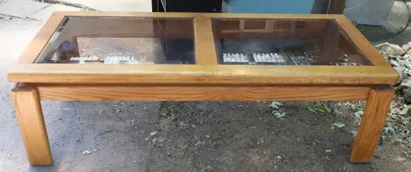 1980s Solid Oak Coffee Table w/Glass Inserts 16x52x24 in CHICO