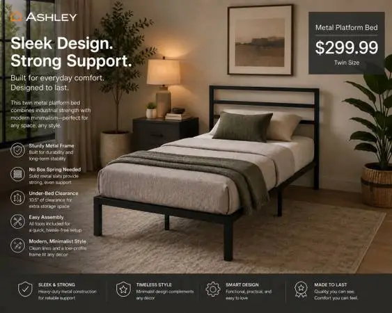 Lightweight  Metal Platform Bed Frame – Twin Size