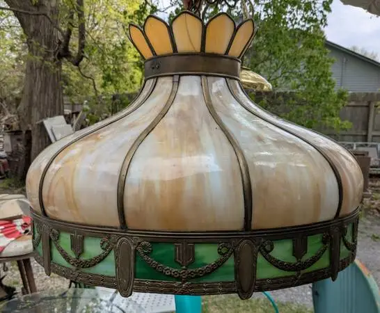 Large Antique Slag Glass Hanging Lamp Dome Opalescent