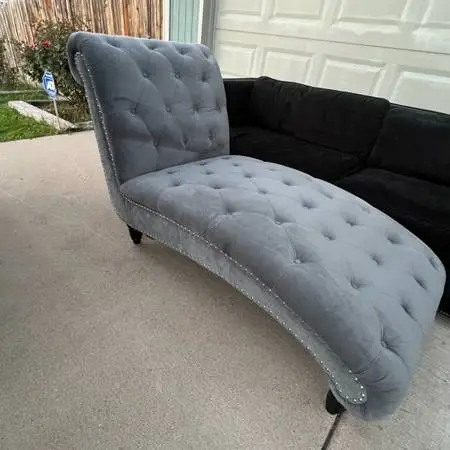 Tufted Gray Velvet Chaise Lounge Chair - Nailhead Trim - Excellent Condition