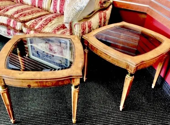 Mid century, classic, accent tables, wood, glass, pairs, or singles..