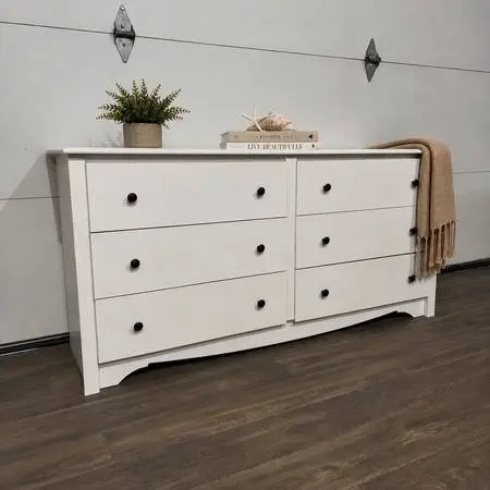Modern White 6-Drawer Dresser w/ Black Knobs