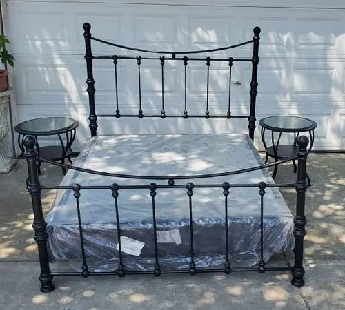 All Metal Queen Bed Set with New Box Spring Mattress, 2 Side Tables