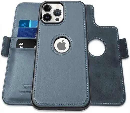 Genuine Leather Wallet case for iPhone 13 Pro Max, 2-in-1 Magnetic De