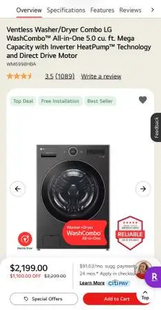 LG WashCombo All-in-One Heat Pump Washer/Dryer WM6998HBA ventless 27”