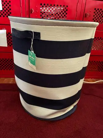 Large Round Fabric Hamper / Storage Bin - navy blue stripe
