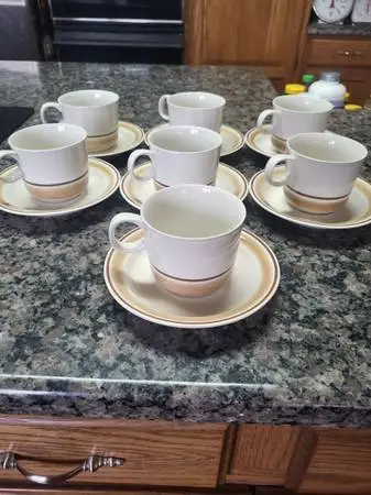 Lot of 7 water colors stoneware tea cups w saucers