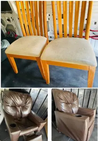 Two solid wood chairs and mini leather recliner