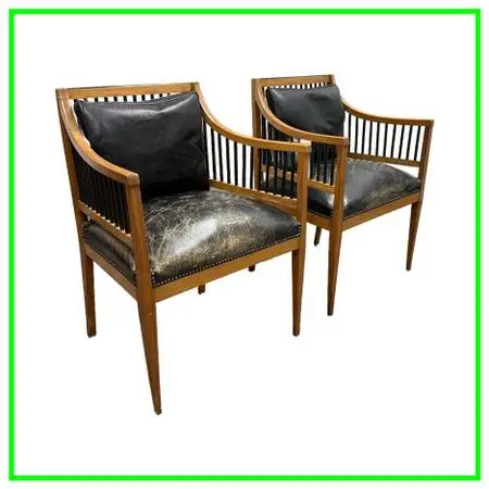 Austrian Biedermeier Cherry Wood + Leather Arm Chairs, Pair. Estimated