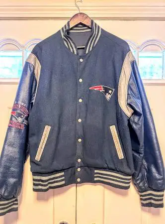 Men NFL Medium M New England Patriots Blue Leather Jacket Reversable