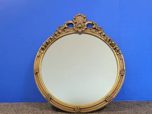 Antique Gold Wood Ornate Carved Round Mirror 20 x 24