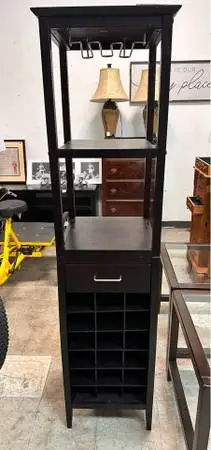 Dark Espresso Wood Wine Tower with Glass Rack and Drawer