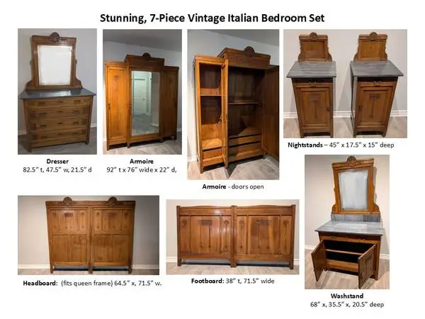Antique Italian Bedroom Set - Dresser, Night stands, Armoire