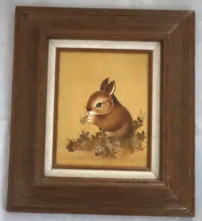 Vintage original oil painting of a rabbit in clover signed Harrison (C