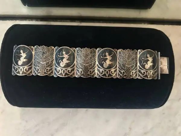 Rare Vintage Old Saim Dancers/Peacock Panel Linked Enamel Saim Sterling Bracelet