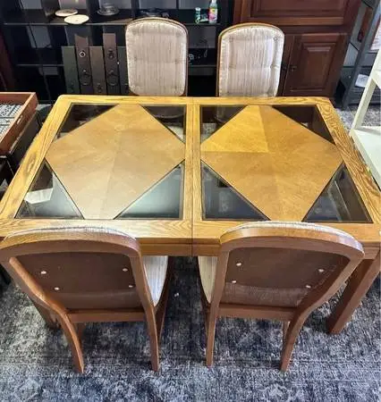 Vintage Geometric Oak & Glass Inlaid 5-piece Dining Set