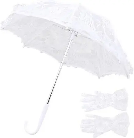 6 Mini White Lace Parasol Umbrella w/ Lace Gloves 4 Kids Small