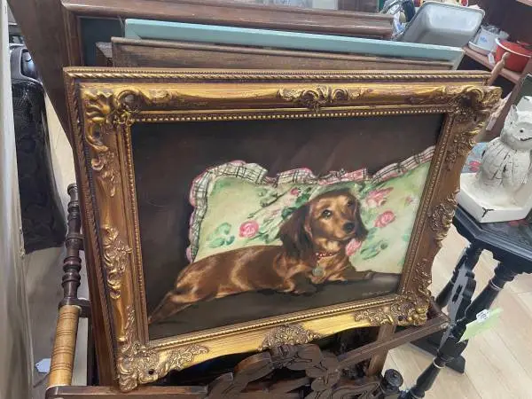 Vtg Dachshund Artwork plus Gold Frame