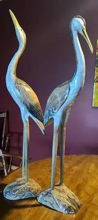 2 Hand-Carved Reeds Wood Cranes